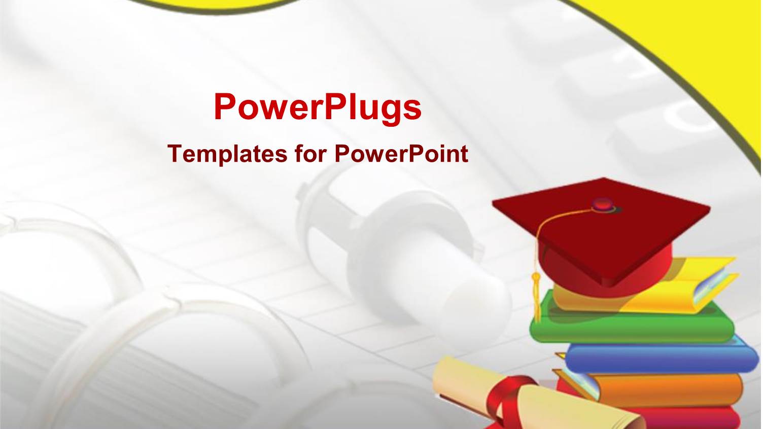 Graduation Cap on Stack of Books, Diploma, Pen and Notebook Background, Yellow Wave Border