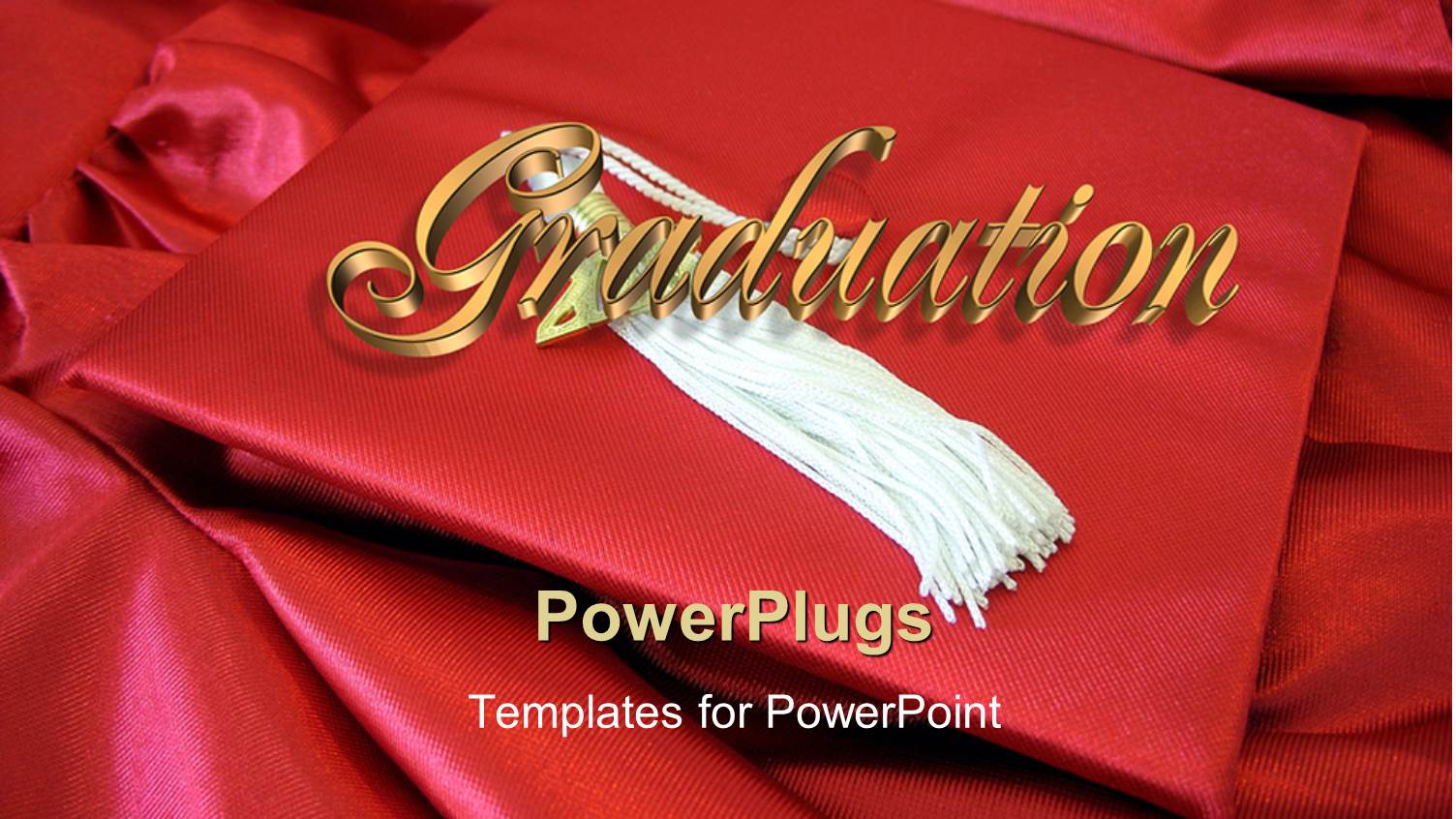 Graduation Cap with White Tassle Laying on Top of Gound Red Background