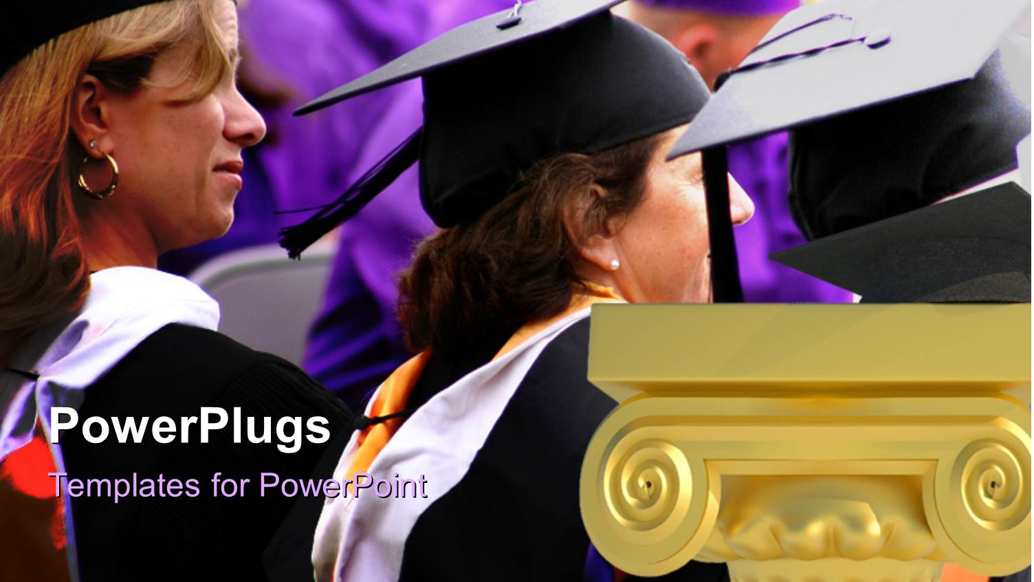 Graduation Ceremony with Graduands Wearing Graduation Cap and Gold Pillar