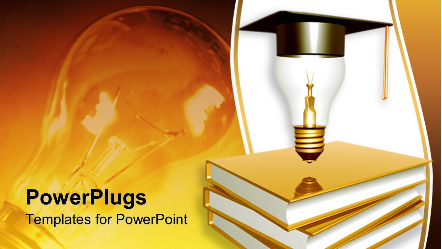 Graduation Theme with Golden Books, a Light Bulb on Top of Books with Graduation Hat, Light Bulb in the Background