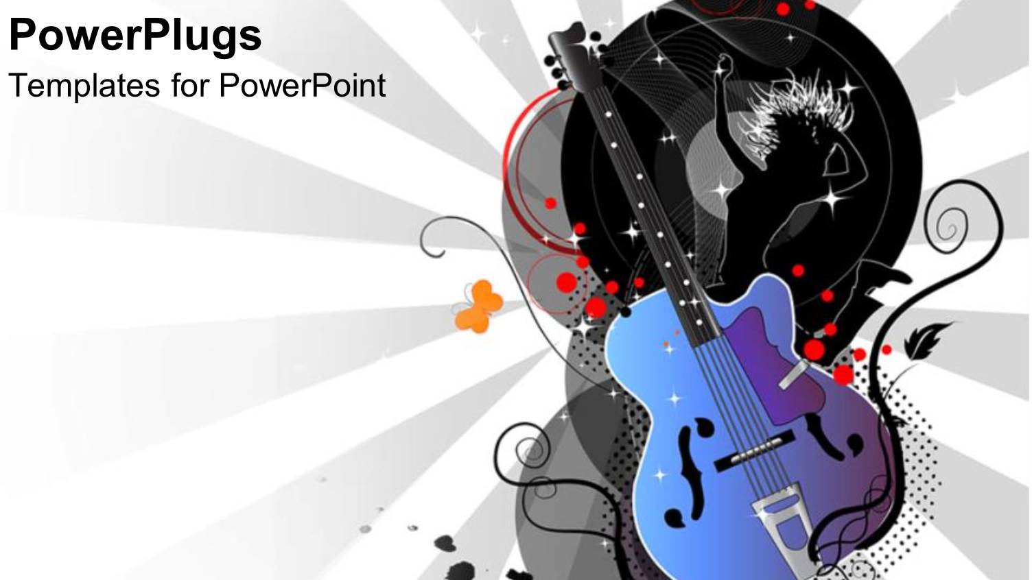 Graphic Depiction of Guitar  and Black Silhouette of Dancing Girl with Abstract Lines and Bubbles on Gray and White