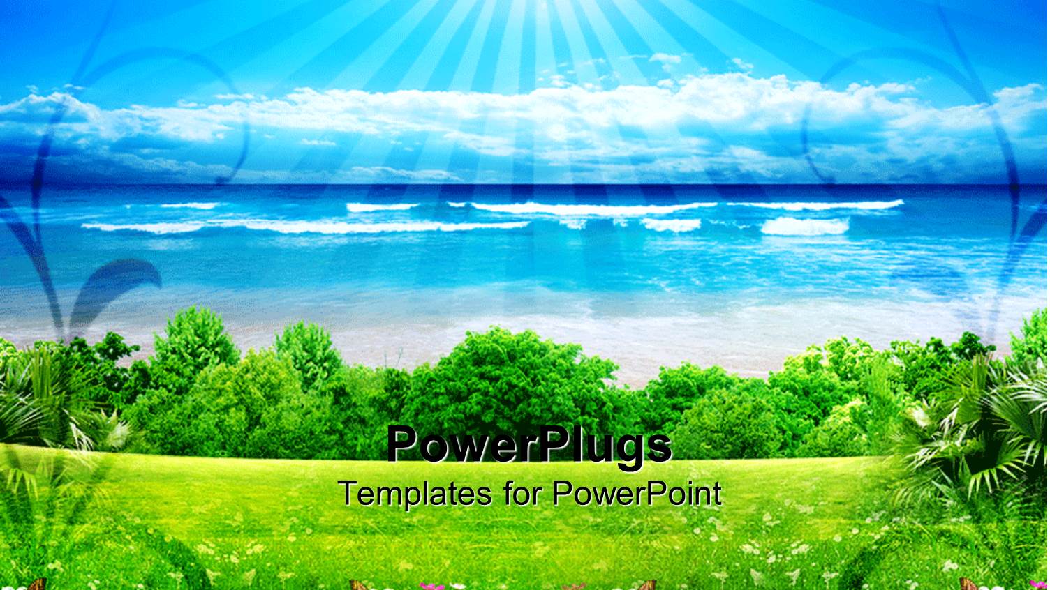 a Grass Field with Sea and Clouds in the Background