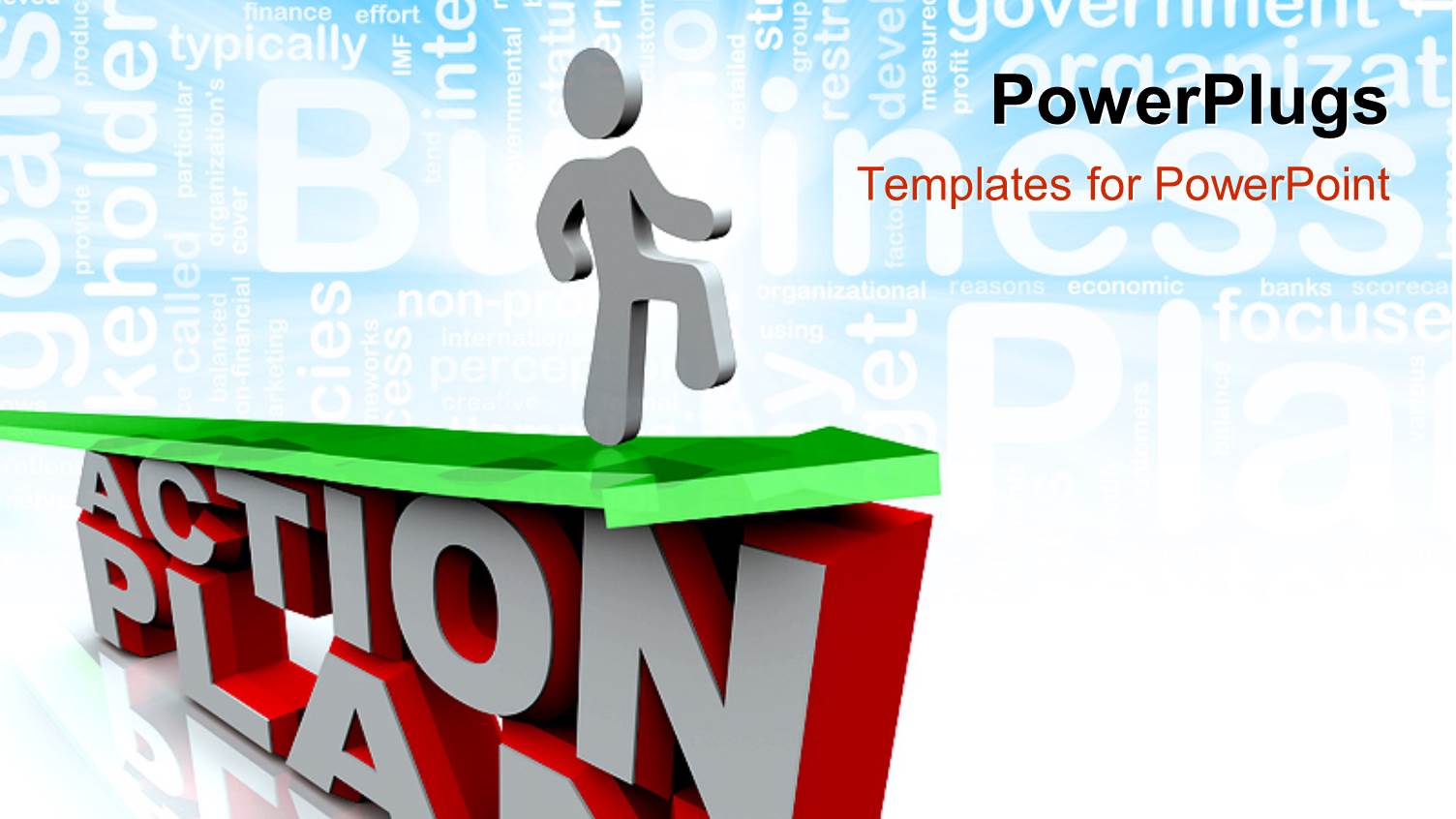 Gray Figure Walking on Green Arrow Above Words Action Plan in Front of Word Cloud