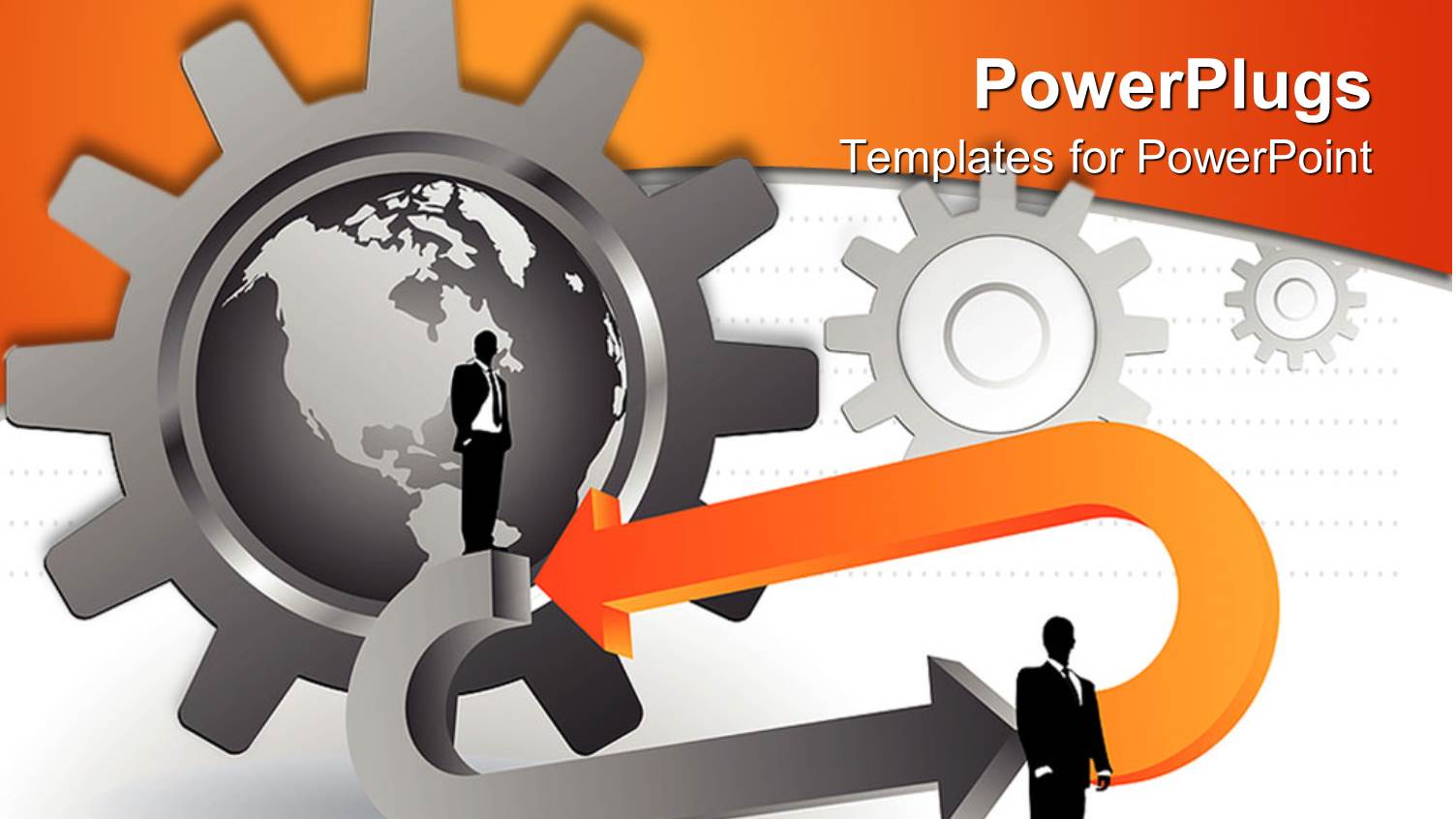 Gray Globe Framed by Gray Gear and Two Businessmen with Gray and Orange Arrows