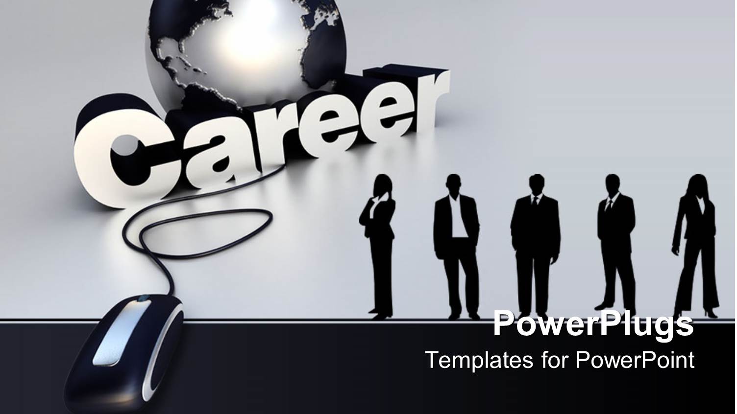 Gray Globe Next to Five Professionals and Gigantic Mouse in Gray Background