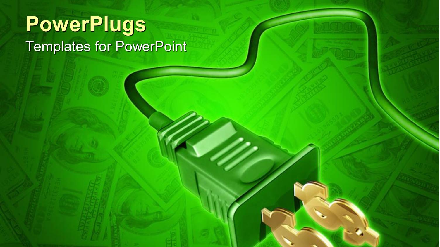 Green 3D Electrical Plug Cord with Golden Dollar Signs at the Plug End on Dollar Bills with Green Background