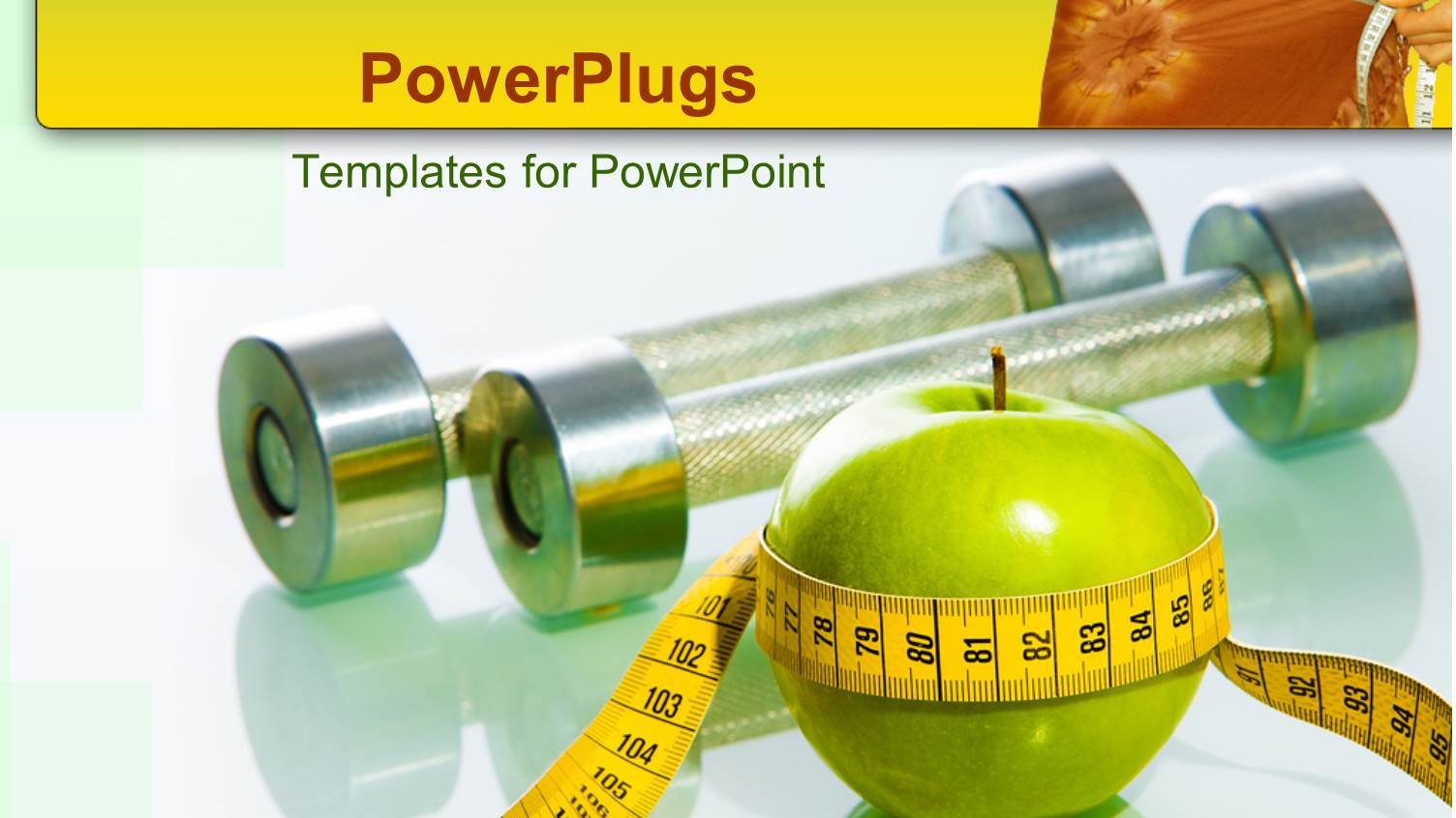 Green Apple with Yellow Measuring Tape Around Apple, Two small Dumbbells on Glossy Surface