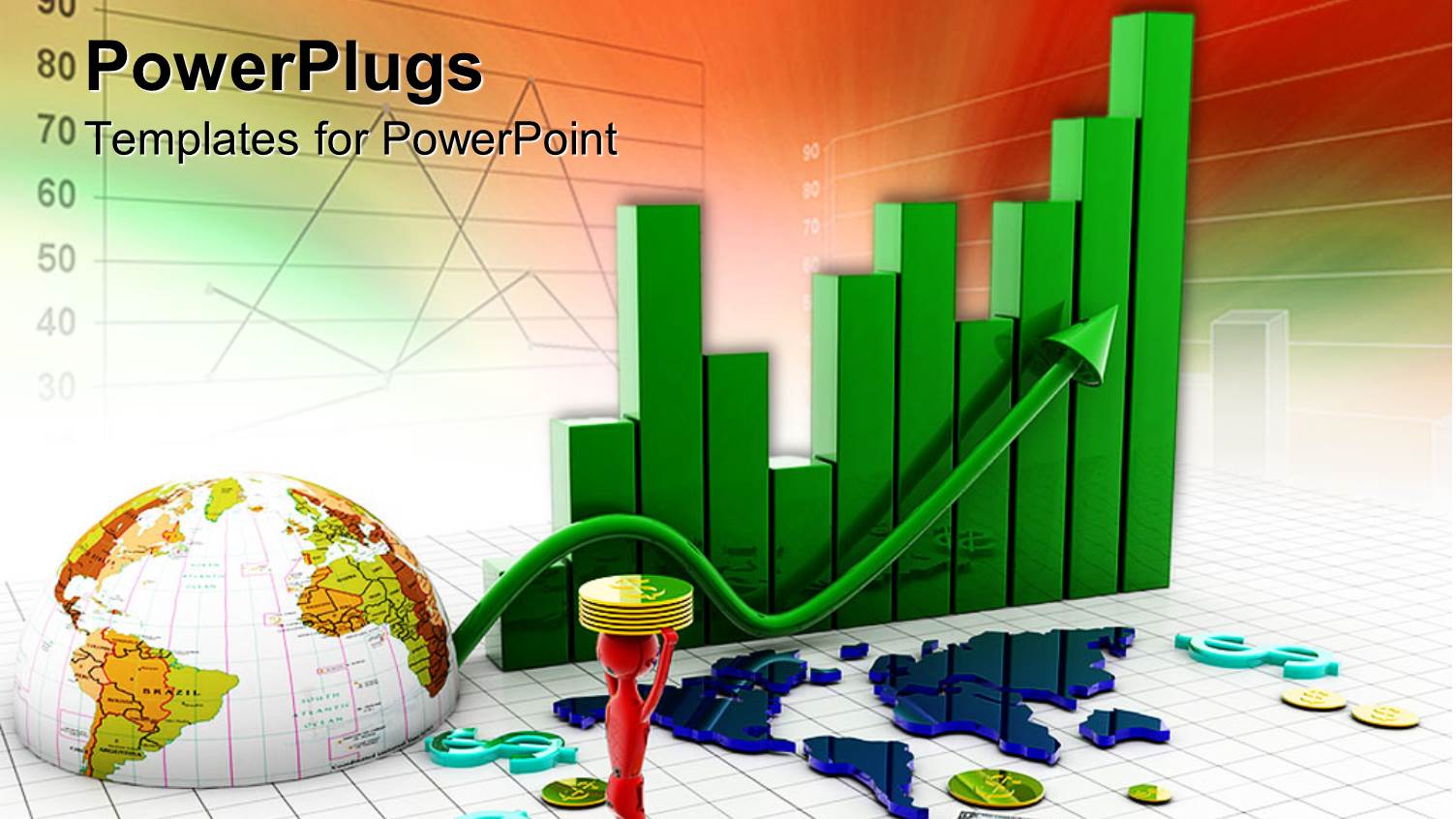 Green Bar Chart with Upward Pointing Arrow, Northern Half Globe, Red Figure Holding Gold Coins, Money and Dollar Signs