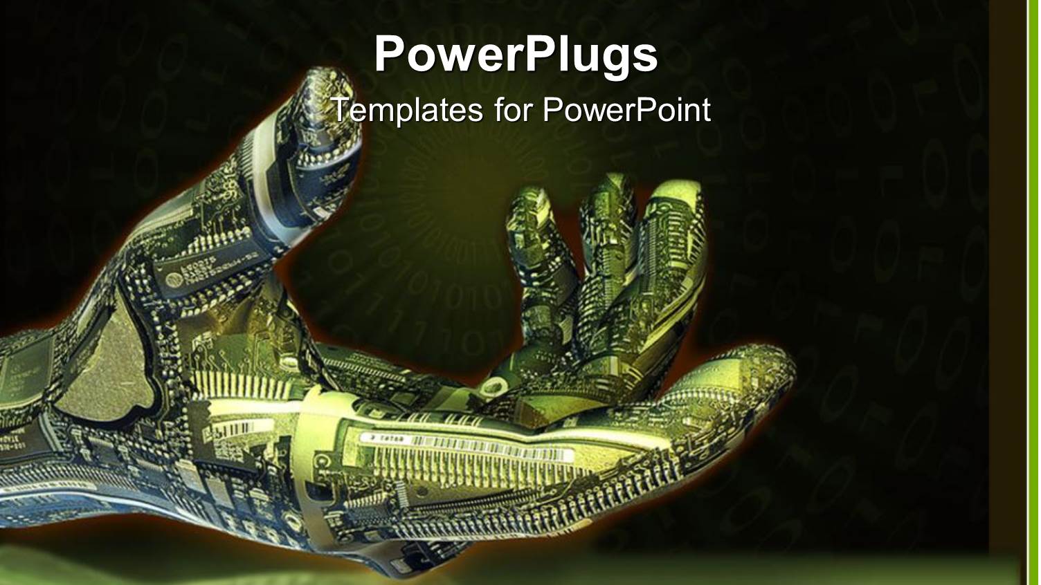 Green and Blue Robot Hand with Circuitboard with Black and Green Background and Green Light Burst