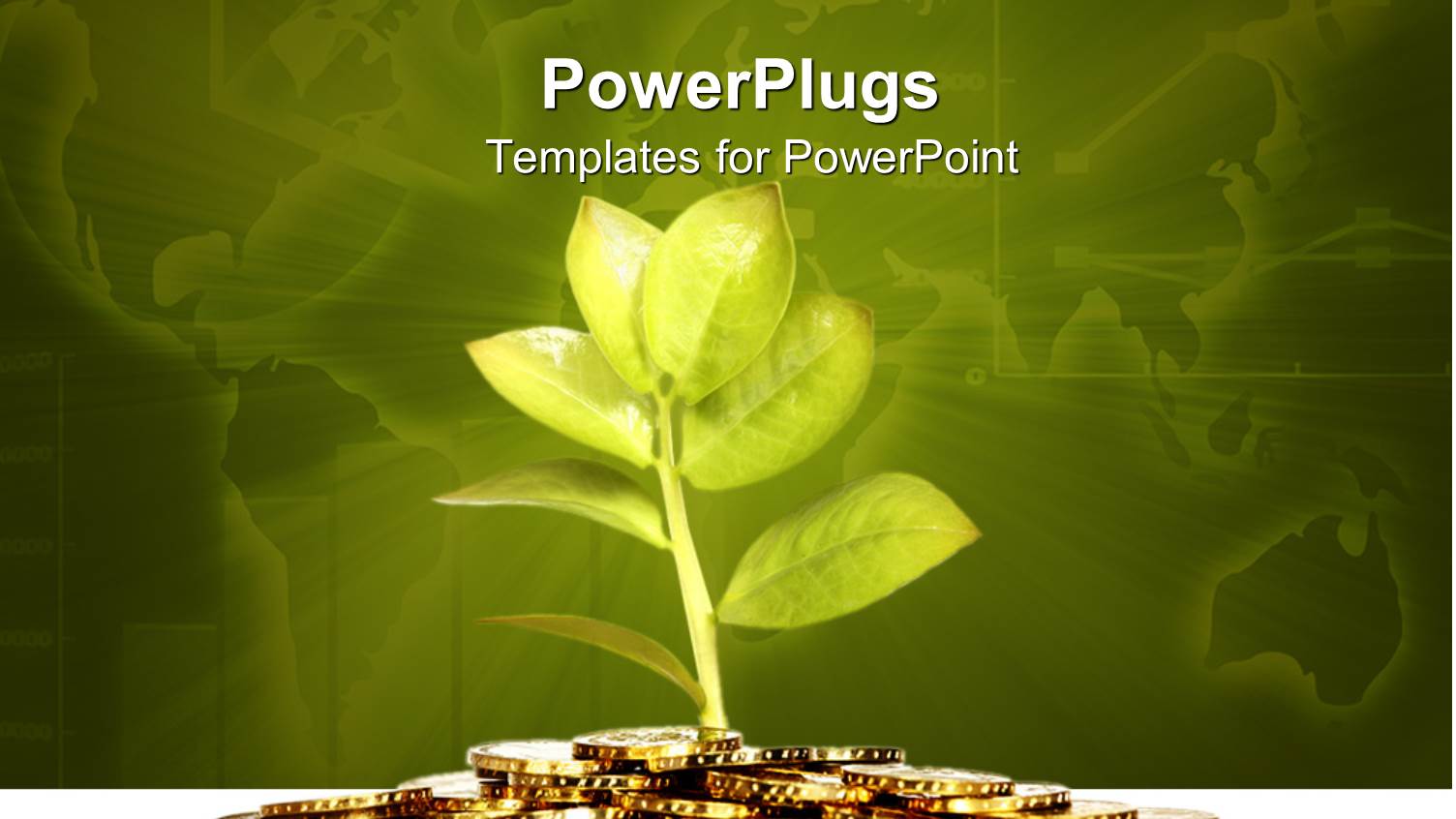 Green Business Metaphor with Plant Growing from Gold Coins, World Map Background