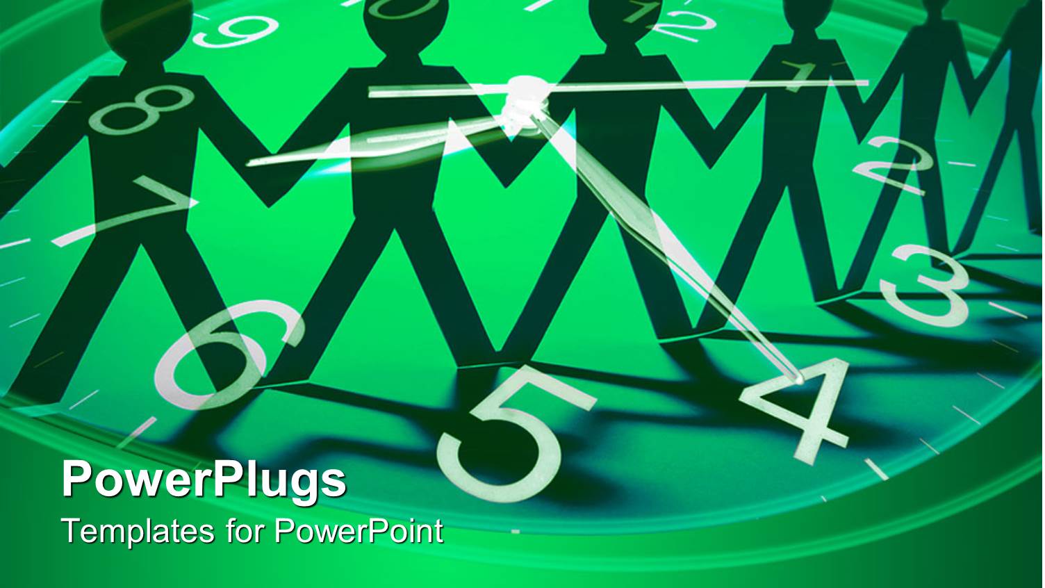 Green Clock and Paper Chain Dolls Teamwork Green and Black Background