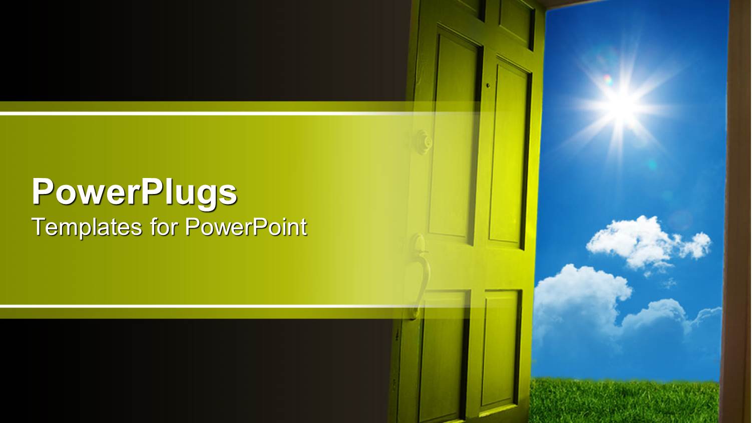 Green Door Opening to Green Grass and Blue Sky