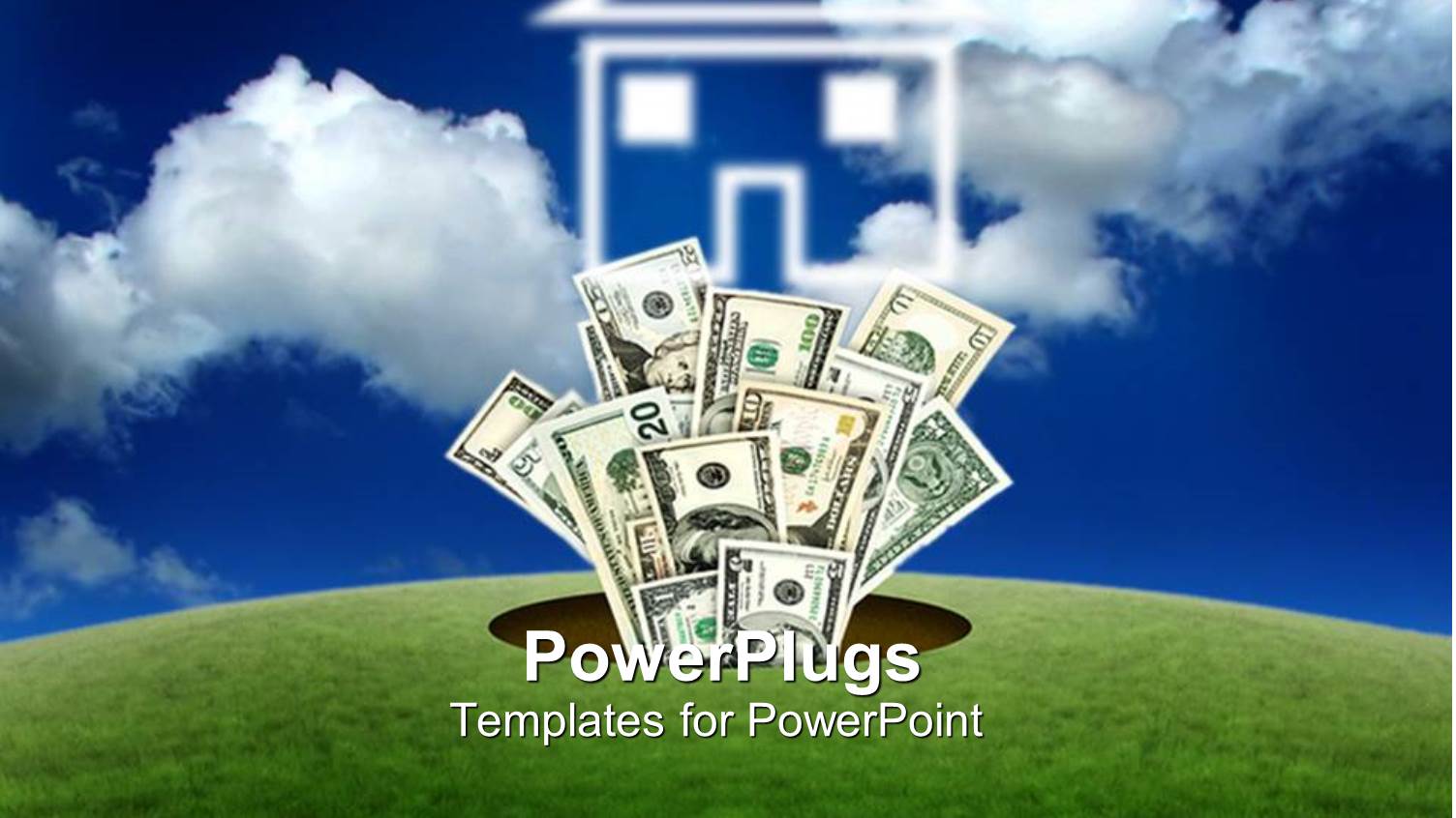 Green Field Land with a Hole in the Middle and Dollar Bills Flying