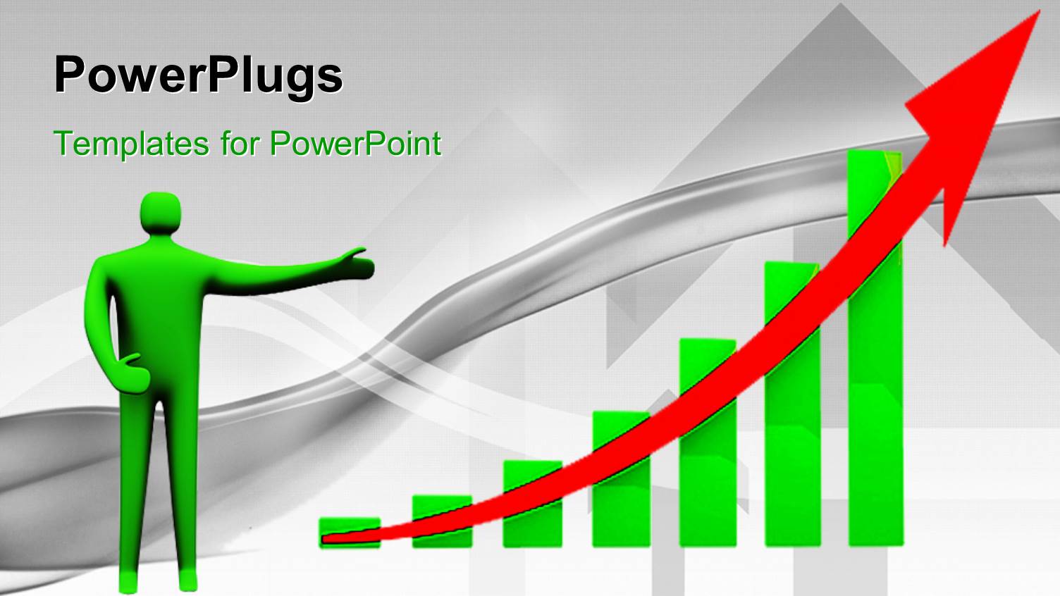 Green Figure Pointing to Bar Chart with Red Upward Arrow