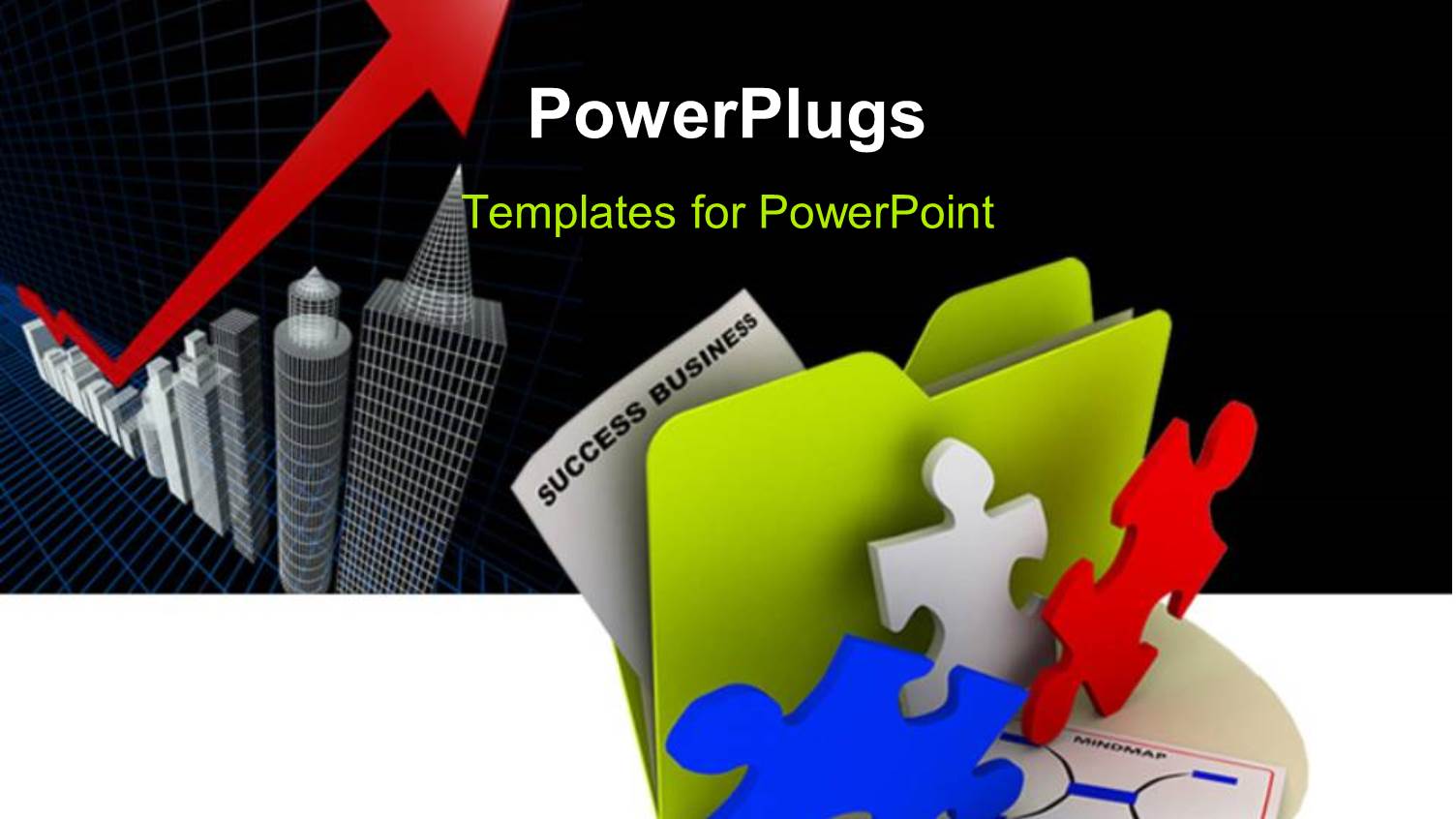 Green Folder Icon Beside Colored Puzzle Pieces and Office Buildings