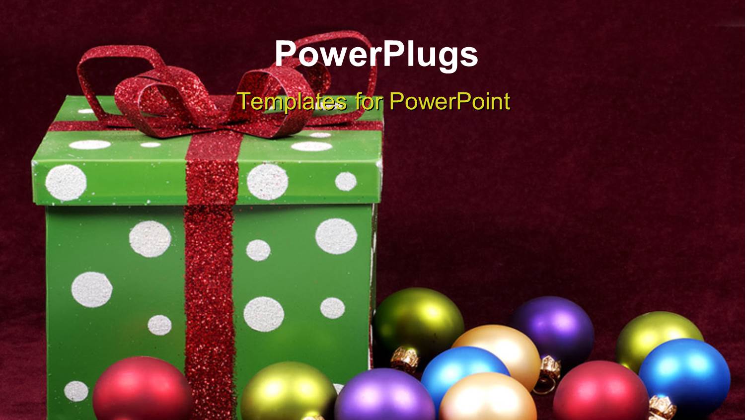 Green Gift Box with   Colored Ornaments on Red Background