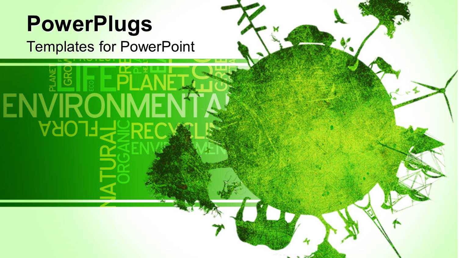 Green Globe with Trees Animals Windmills People Signpost and Eiffel Tower on Earth with Words Related to Environment on