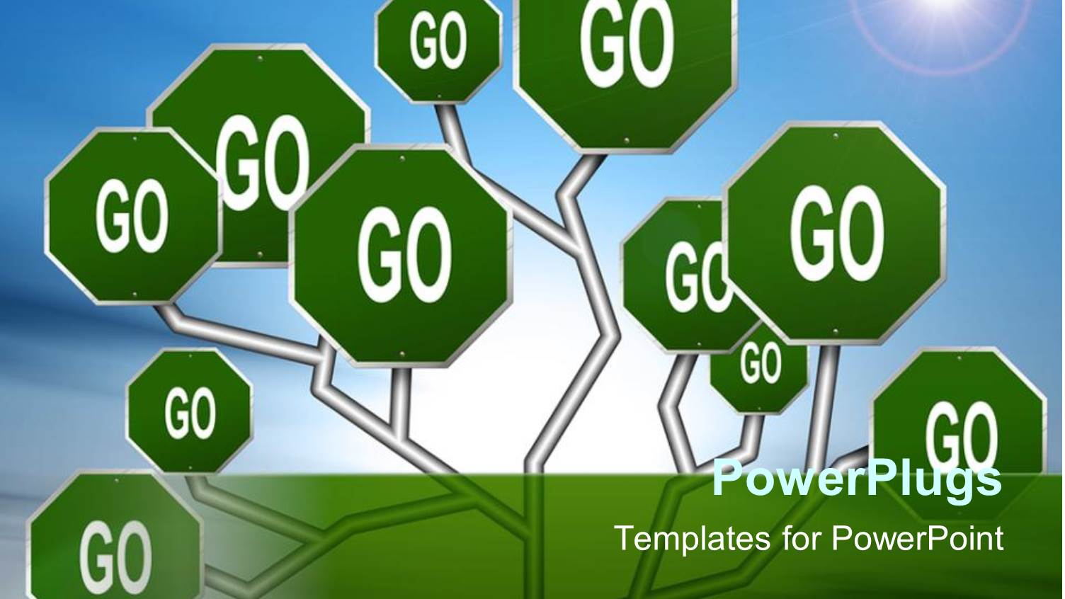 Green Go Sign Posts Interconnected on Bright Blue Sky Background