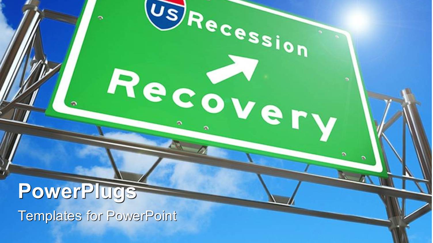 Green Highway Sign with Arrow to Recession Recovery on Blue Sky