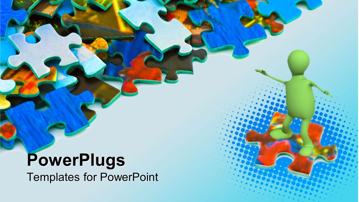 Green Human Riding on Puzzle Piece with Colorful Jigsaw Pieces