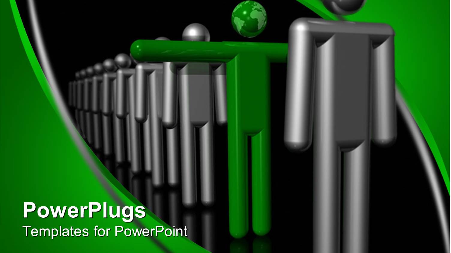 Green Man with Arms Out and Globe Head in Row of Silver Figures