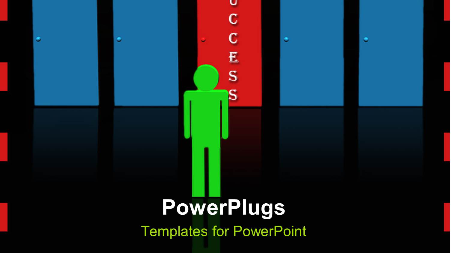 Green Man Standing with Red Unique Door to Success among other Doors