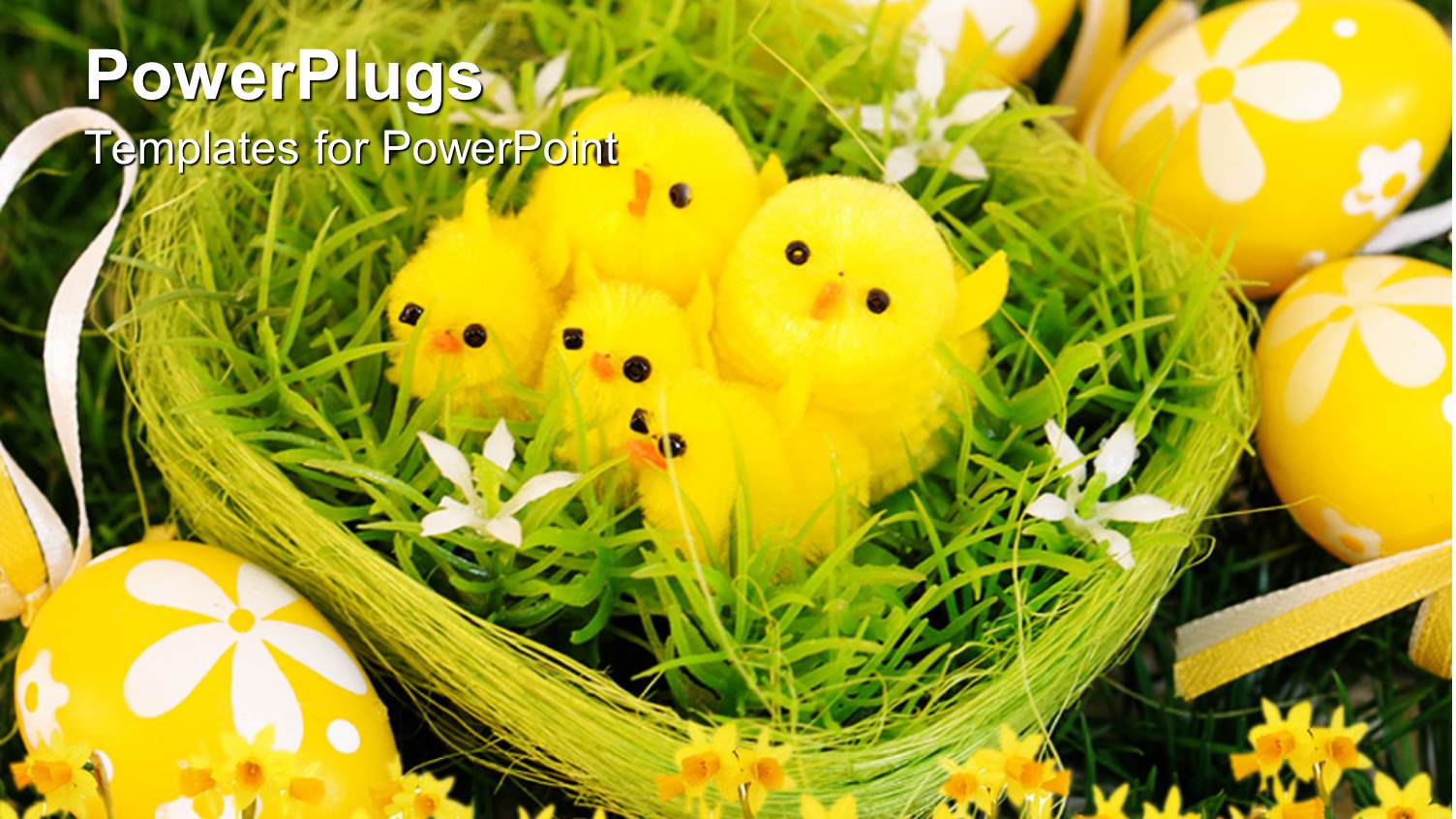 a Green Nest with Four Yellow Chicks and Easter Eggs