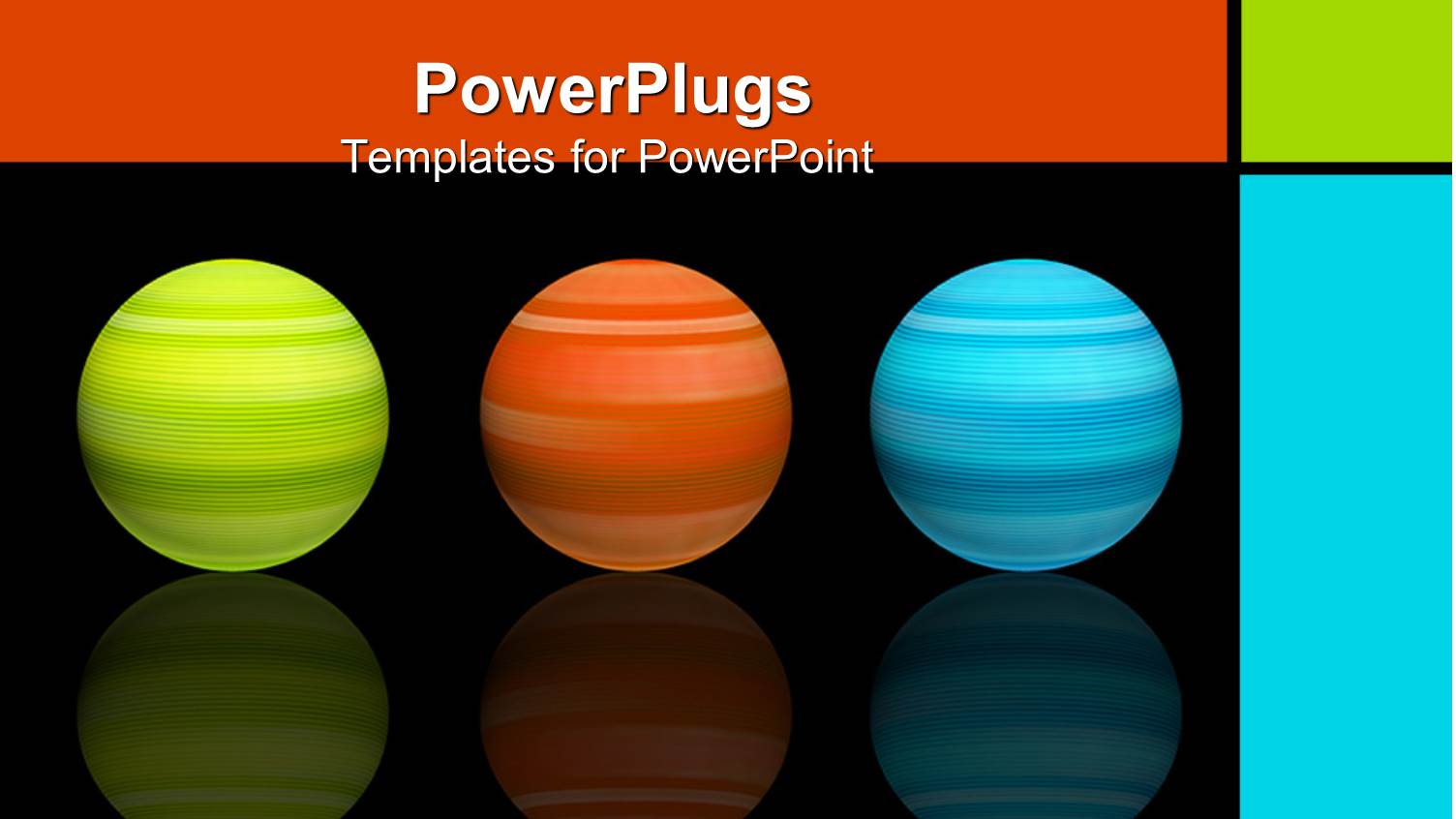 Green, Orange, and Blue Spheres on Reflective Surface