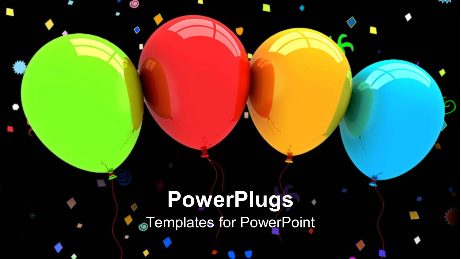 Green, Red, Yellow and Blue Balloons and Party Colorful Symbols on Black Background