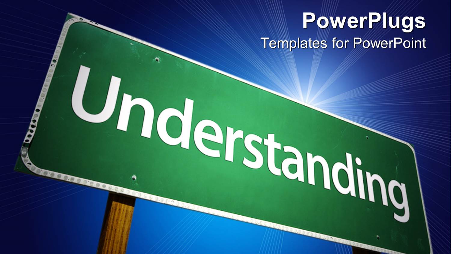 Green Road Sign Reads 'Understanding' on Blue Background