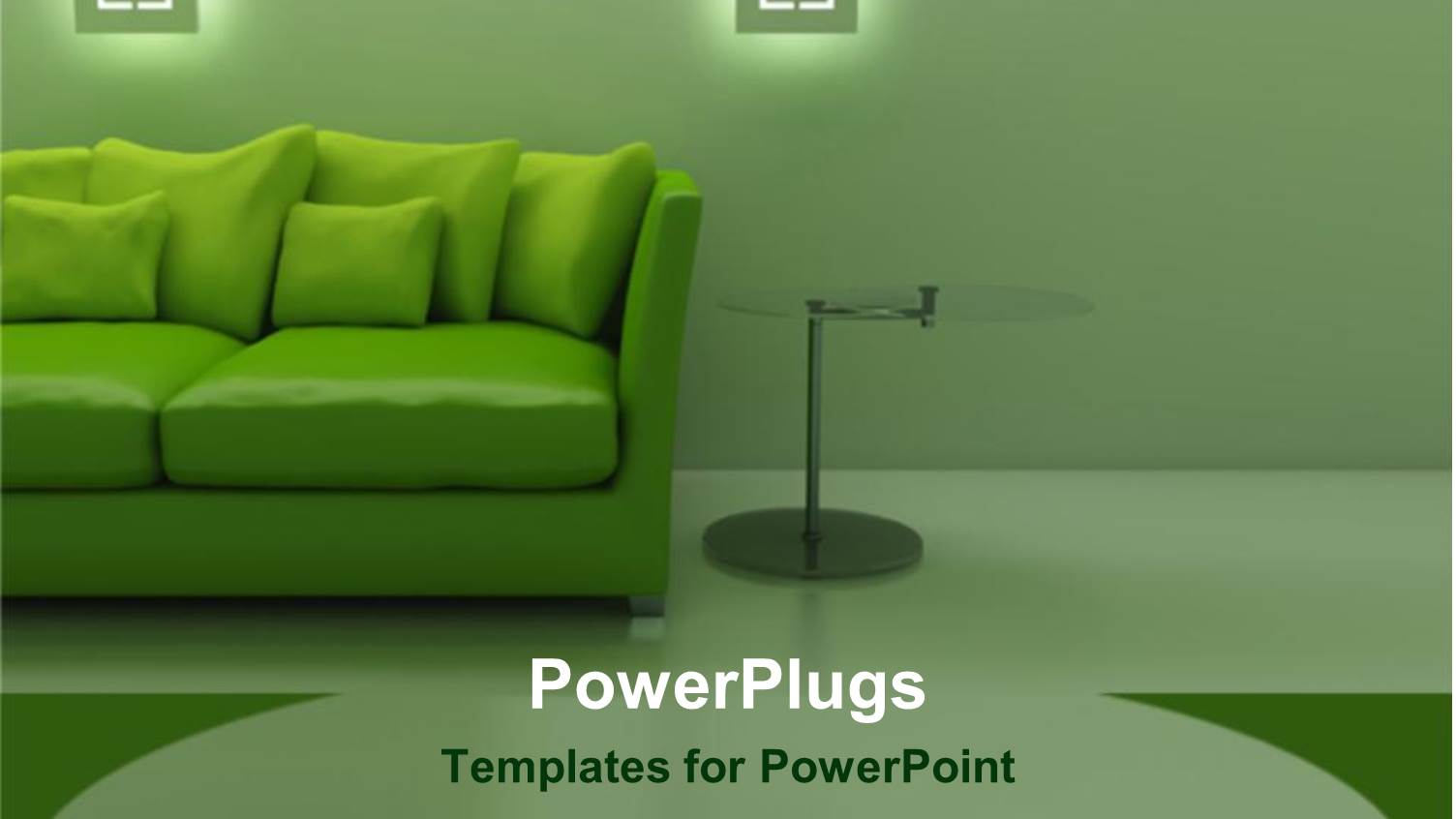 a Green Sofa with a Wall and Lights in the Background