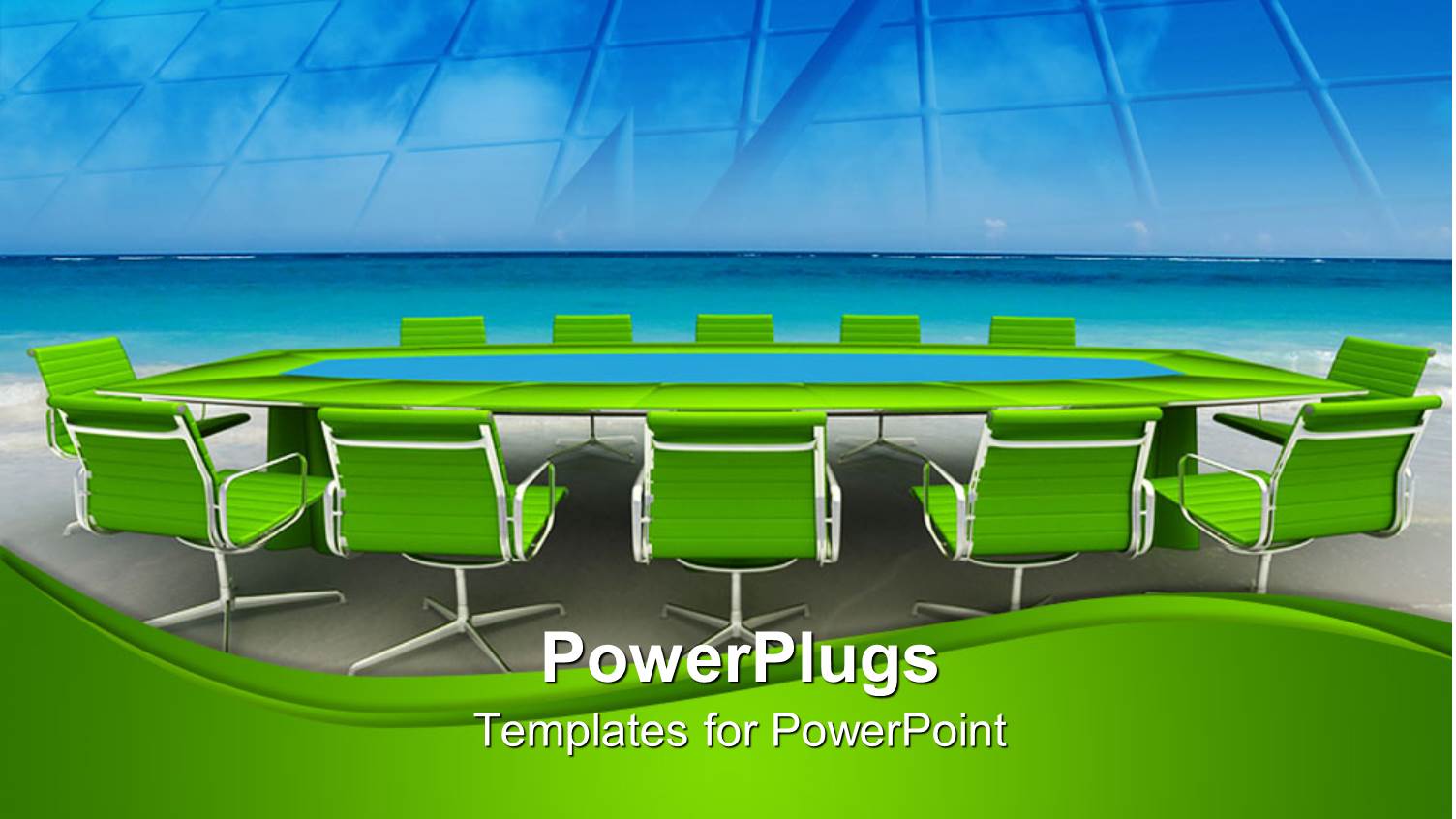 Green Themed Conference Table with Financial Chart on Screen
