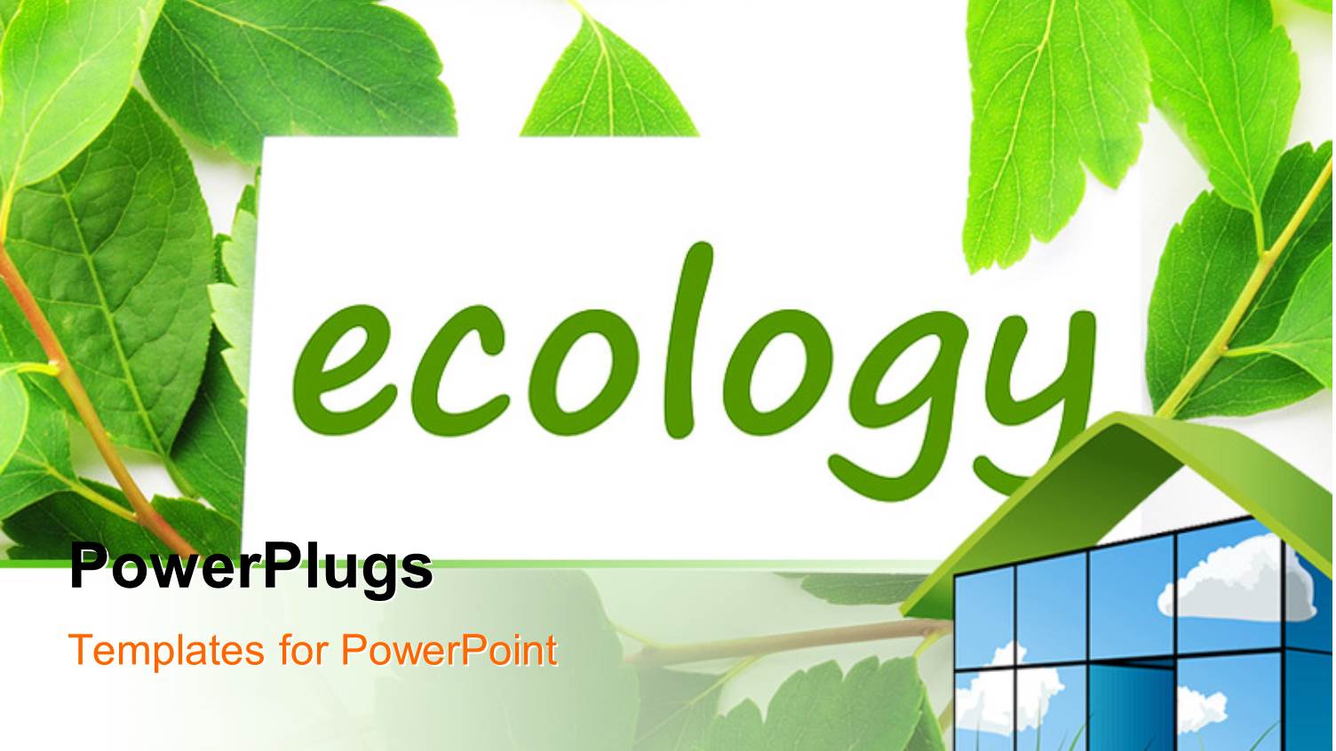 Green and White Background with Text Ecology and 3D Home at Top Right Corner