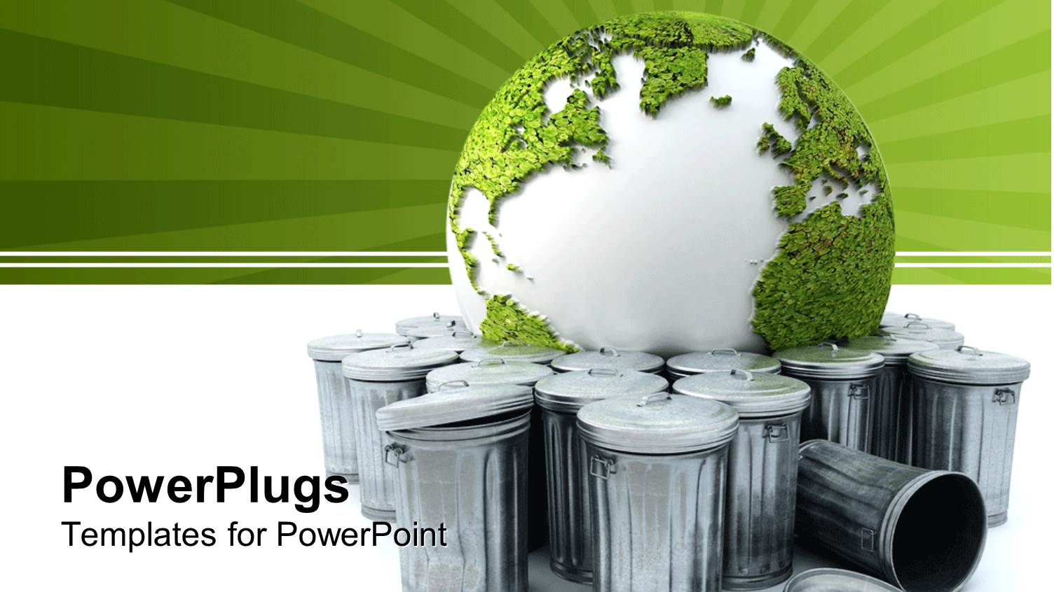 Green and White Earth Globe Between Aluminium Trash Cans