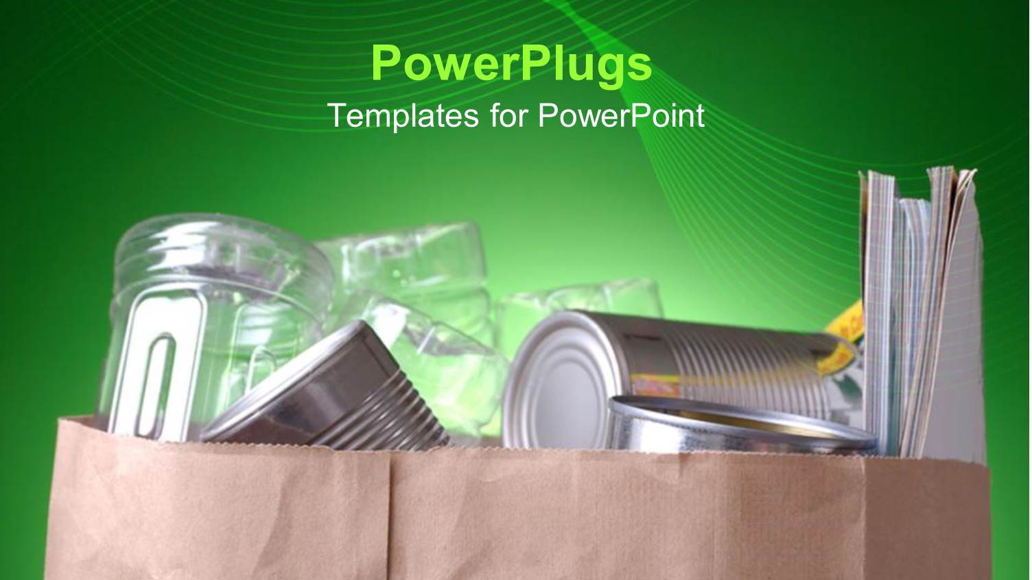 Grocery Bag with Silver Cans, Plastic Bottles and Magazines on Abstract Green Background