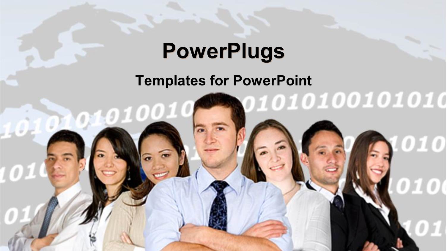 Group of Business People with Arms Crossed on Binary Numbers Background