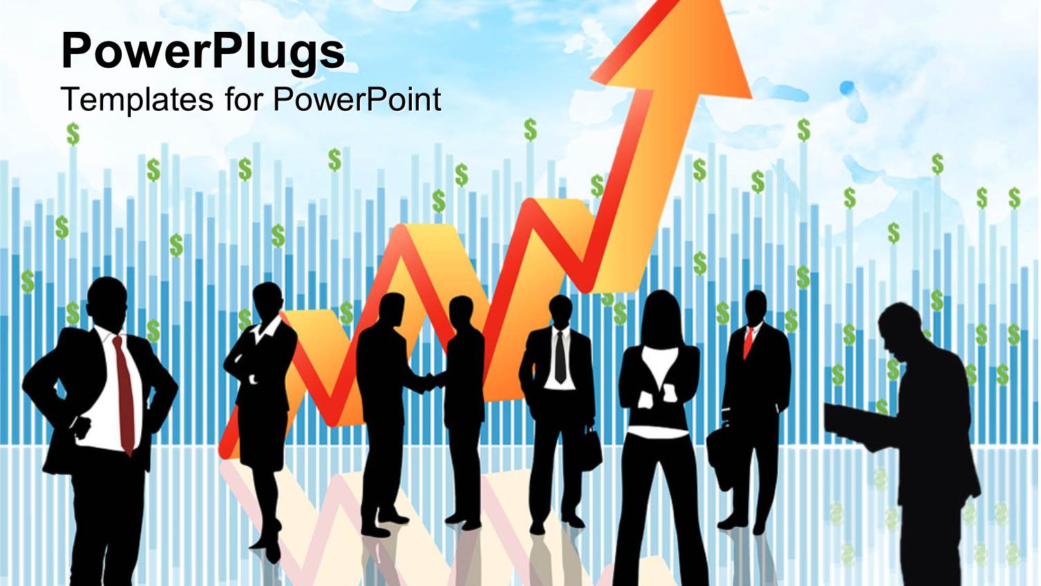 Group of Business People on Reflective Surface with Orange Rising Arrow on Financial Bars Chart with Green Dollar Signs