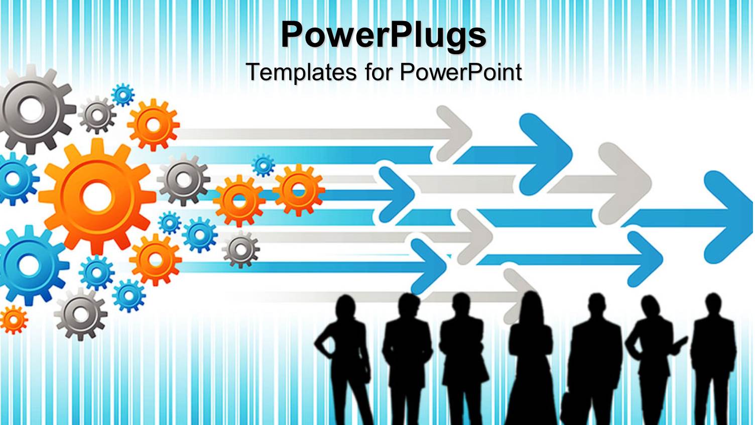Group of Business People Silhouettes, Business Men and Women, Gray, Blue and Orange Gears and Gray with Blue Arrows