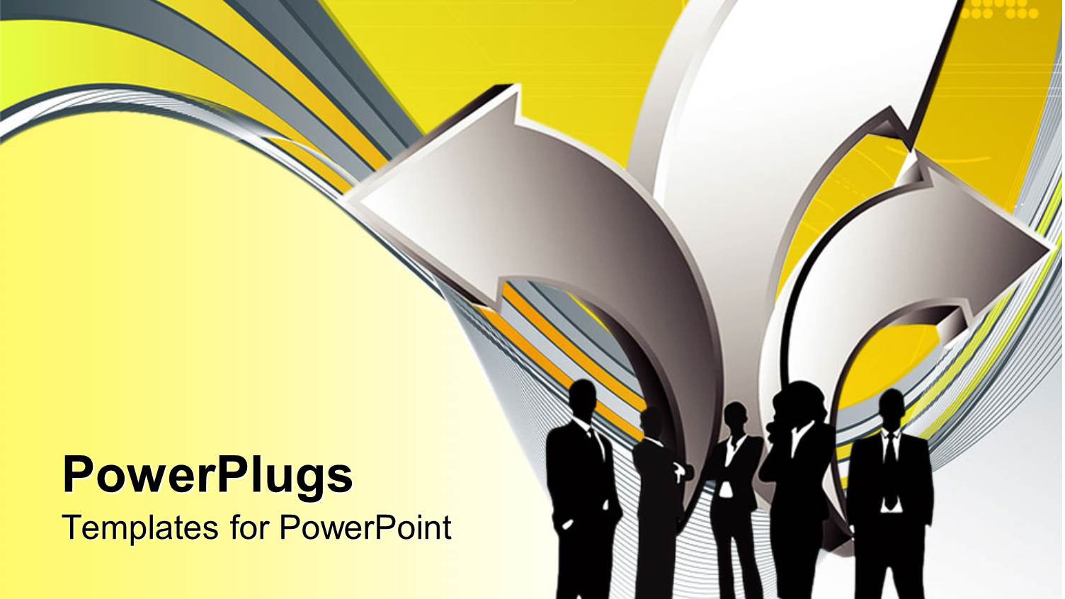 Group of Business People Silhouettes in Front of Three Dimensional Silver Arrows