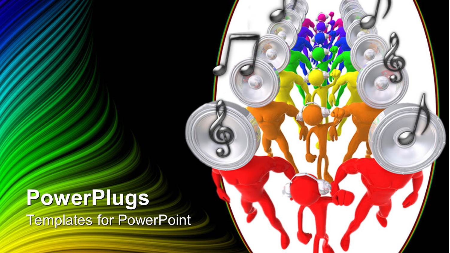 Group of Figures with Headphones and Speakers Instead of Heads with Musical Notes