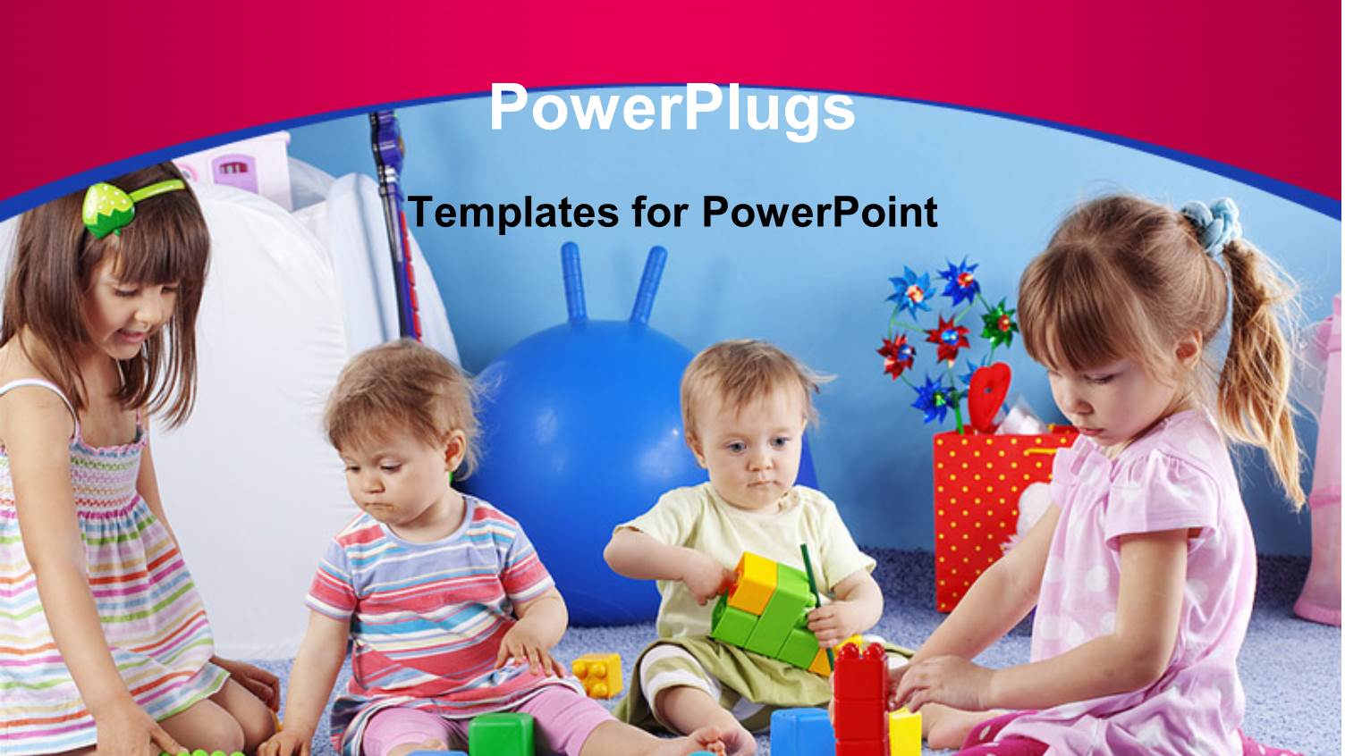 Group of Kids Playing with Constructor on Pink and Blue Background at Kids School