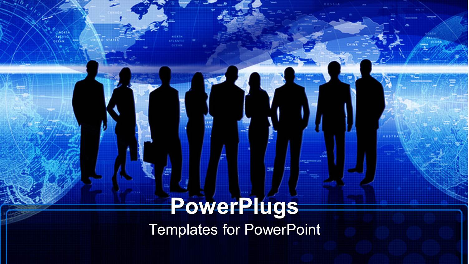 Group of Silhouetted Business Men and Women Standing Together in Front of Electric Blue World Map Background