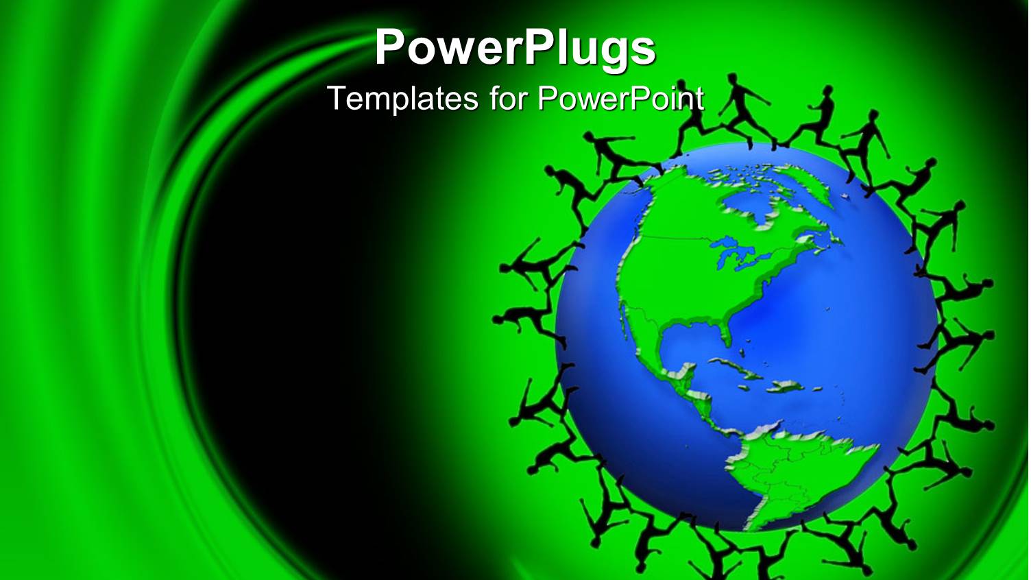 Group of Silhouettes Running Around the Globe on Abstract Green Background