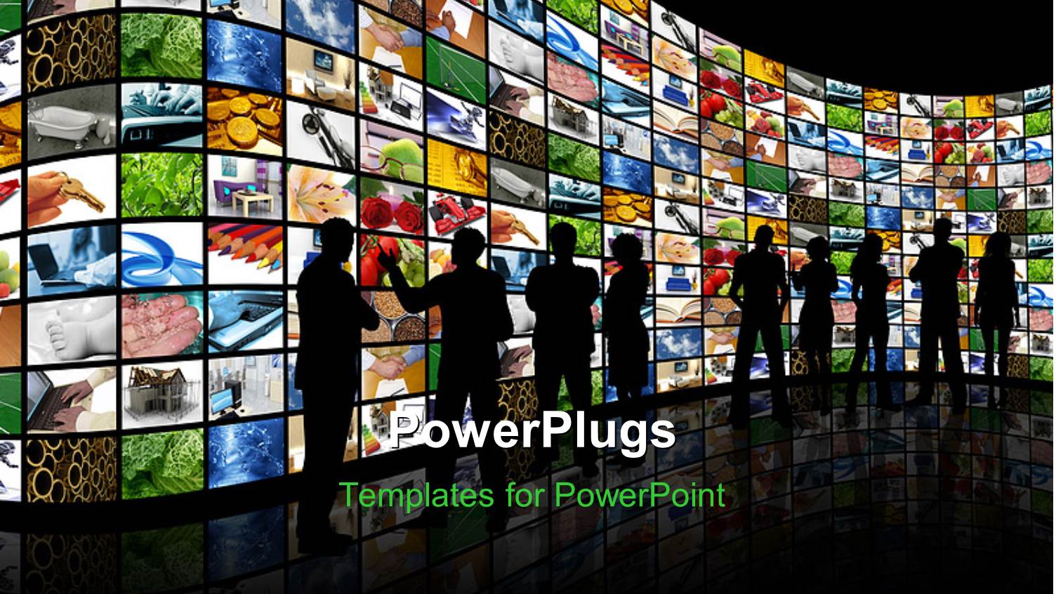 Group of Silhouettes Standing Facing large Wall of Screens with Various Depictions