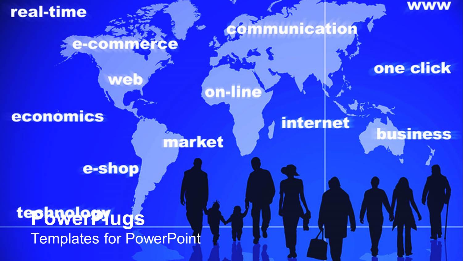 Group of Silhouettes Walking on Reflective Floor with World Map in the Background and Words Related to Internet,