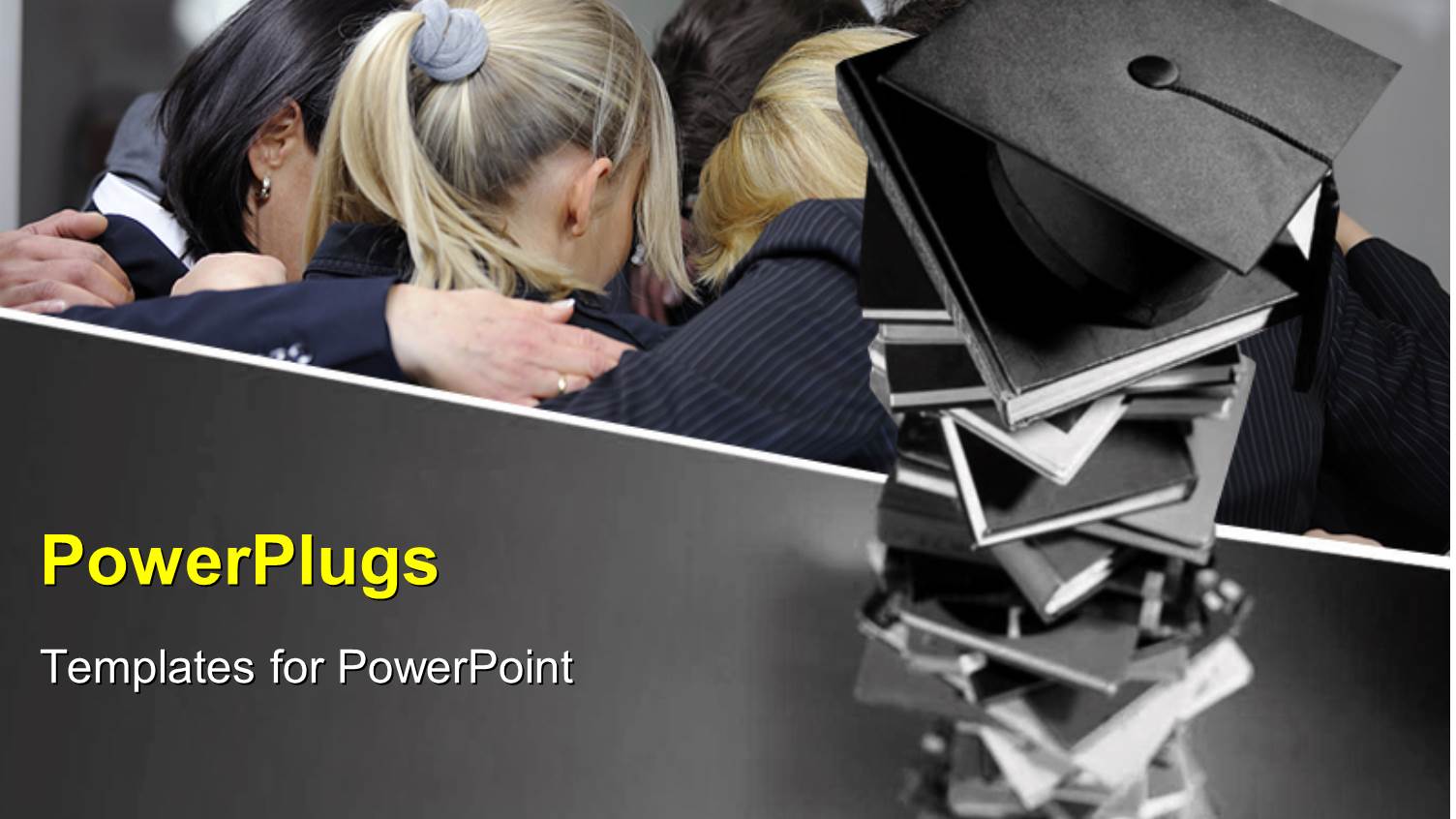 Group of Students Form Close Circle with Pile of Graduation Caps