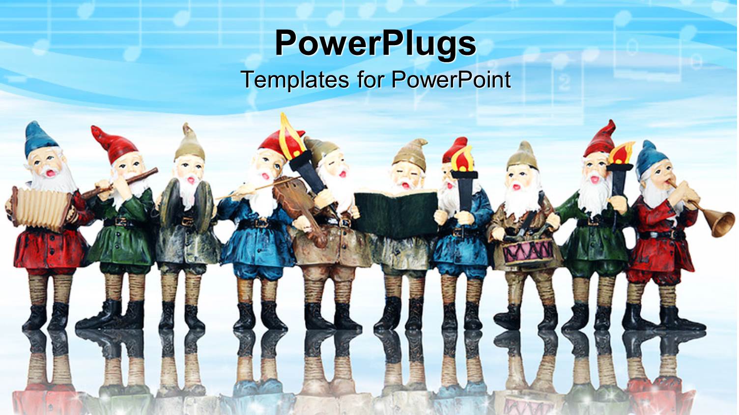 Group of Ten Elves Playing Musical Instruments at Christmas with Reflection in Background