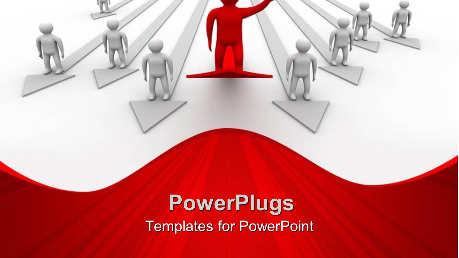 Group of White Figures Each on White Arrow Pointing Straight Forward with Red Figure on Ascending Arrow