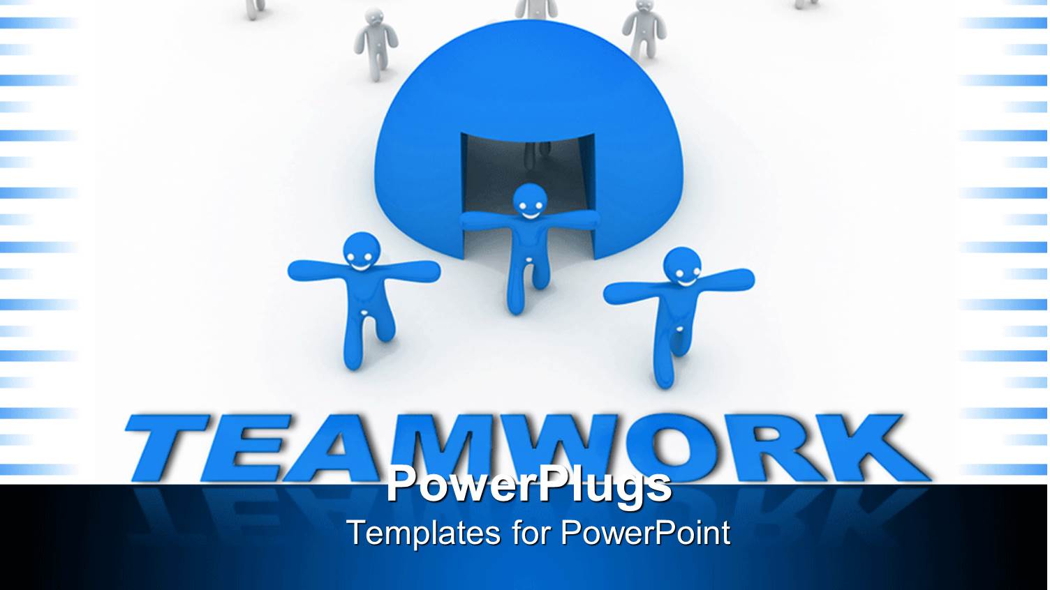 Group of White Figures Going Through Blue Sphere and Three Blue Figures Getting Out from Sphere on Top of Blue Teamwork