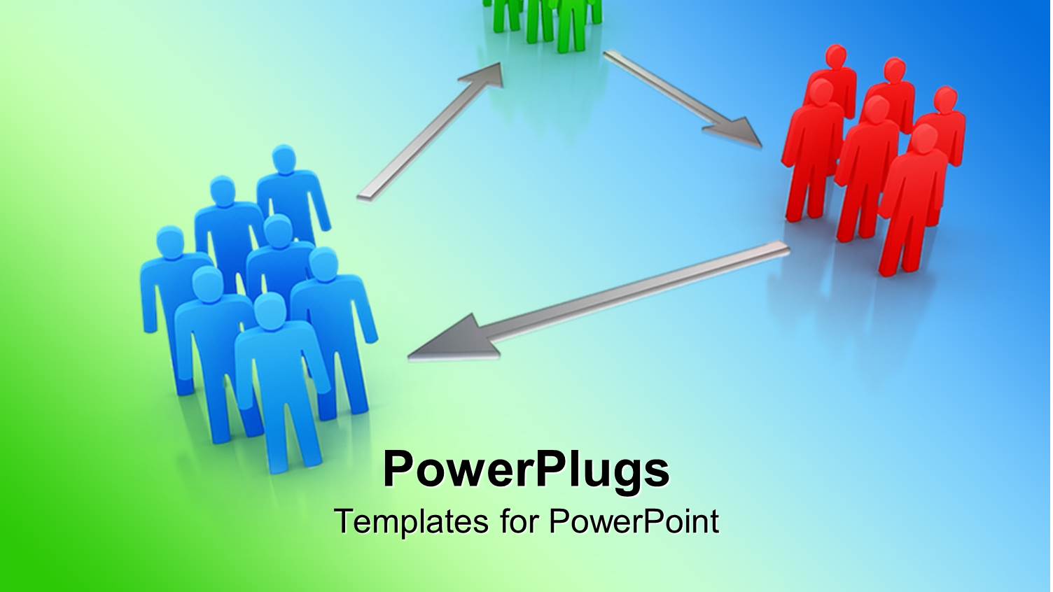 Groups of Green, Red and Blue Figures Connected by Gray Arrows